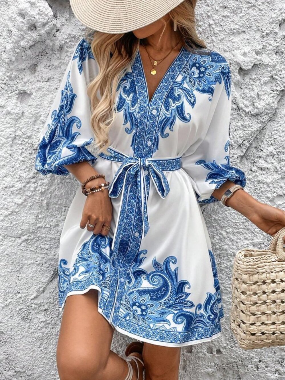 Blue Paisley V-Neck 3/4 Sleeve Mini Dress
